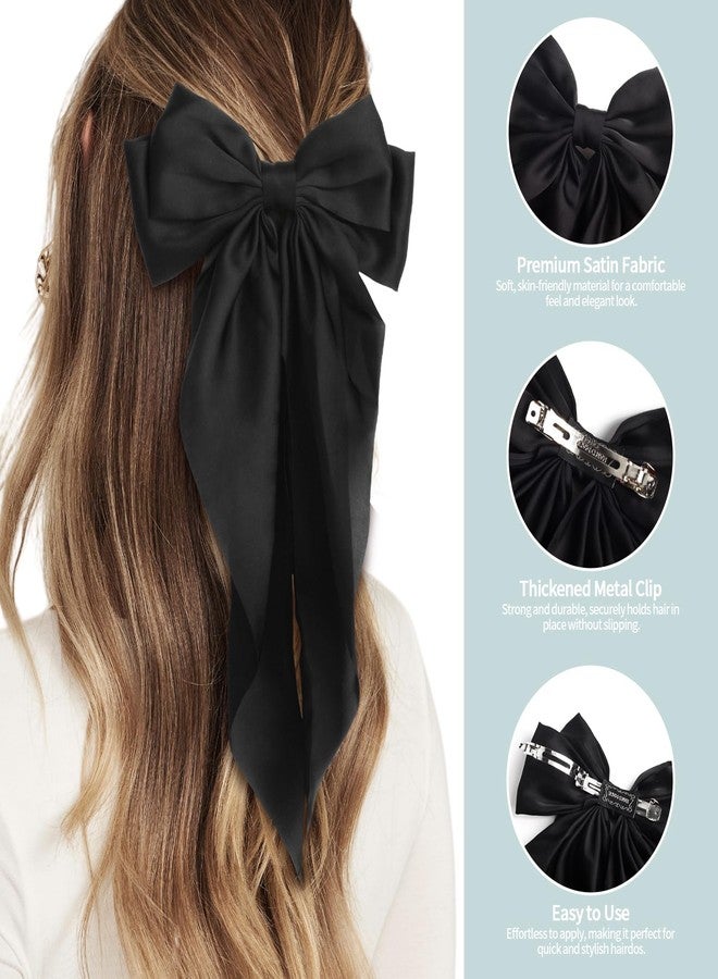 MIKONIKO Silky Satin Hair Bows - 4PCS Ribbon Bows for Women & Girls, Big Bow Hair Clips with Long Tail, Barrettes - Cute Hair Accessories Gifts (Black, Blue Grey, Grey, White) - Image 5